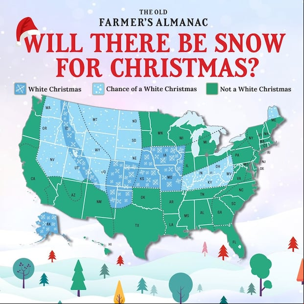¿Dónde nevará durante la Navidad 2024 en Estados Unidos? (Imagen: Old Farmer’s Almanac)