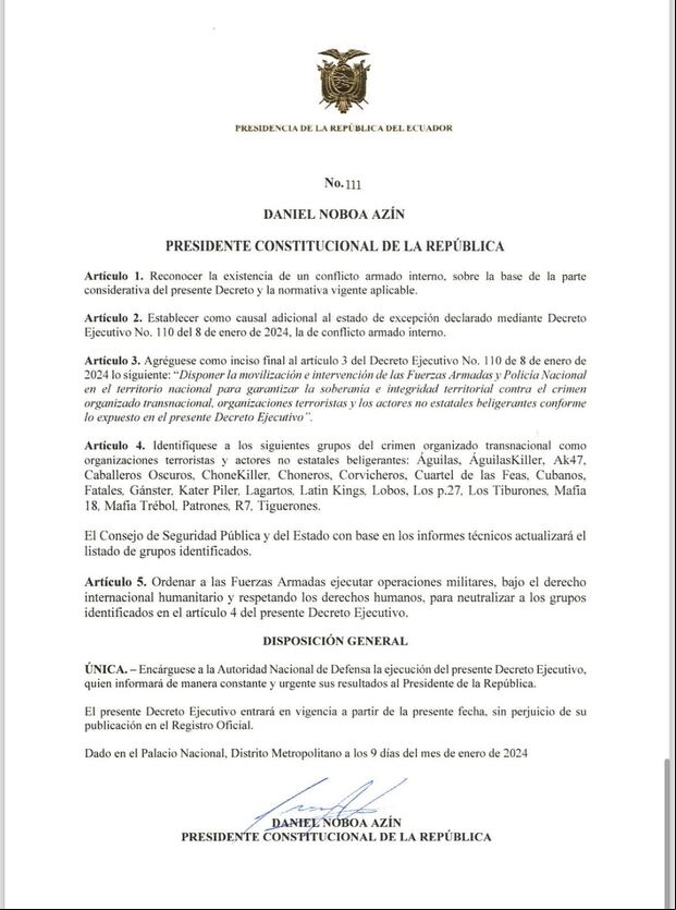 Declaración de Daniel Noboa, presidente de Ecuador (Foto: @DanielNoboaOk).