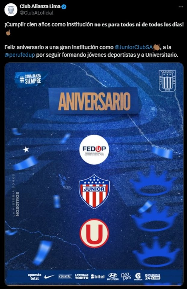Alianza Lima saludó a Universitario de Deportes por su aniversario. (Captura: X)