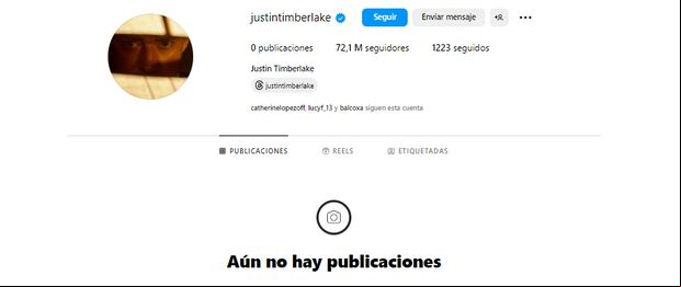 Así luce la cuenta de Instagram de Justin Timberlake tras su desaparición (Foto: Justin Timberlake / Instagram)