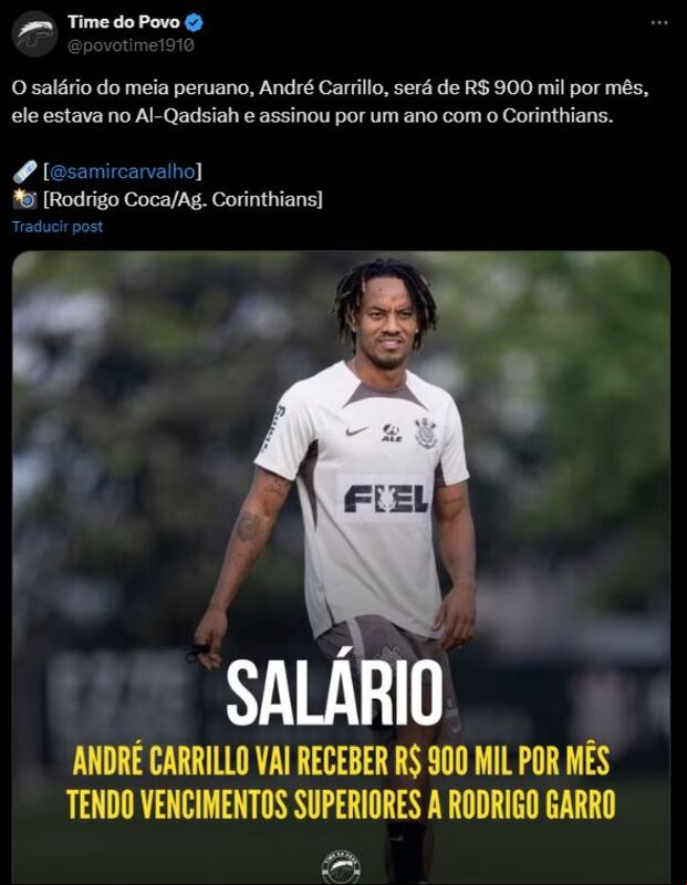 Prensa de Brasil revela el sueldo de Carrillo en Corinthians.