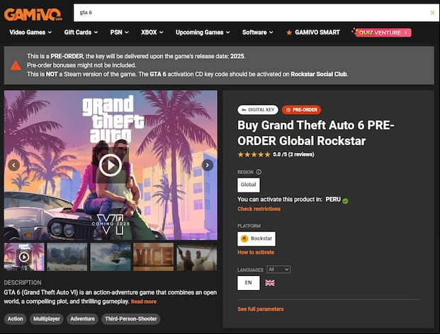 Oferta de GTA 6 en la plataforma de Gamivo (Captura de pantalla)