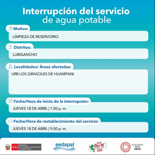 Sedapal anunció los distritos y zonas que se verán afectados por el corte del servicio este jueves 18 de abril. (Foto: Sedapal)