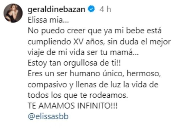 Geraldine Bazán tuvo unas emotivas palabras hacia su hija Elissa (Foto: Geraldine Bazán / Instagram)