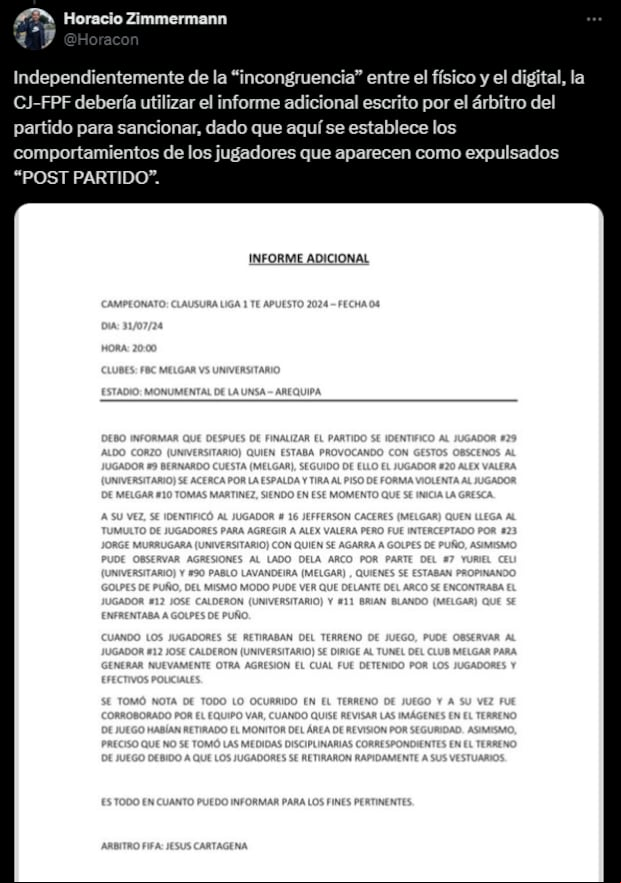 Informe del árbitro Jesús Cartagena, tras el U vs. Melgar. (Captura: X / @Horacon)