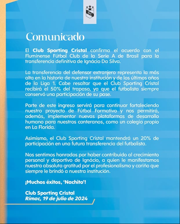 Comunicado de Sporting Cristal sobre la salida de Ignácio da Silva del equipo.