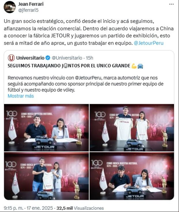 Jean Ferrari y su comunicado a través de las redes sociales. (Foto: Captura de X)