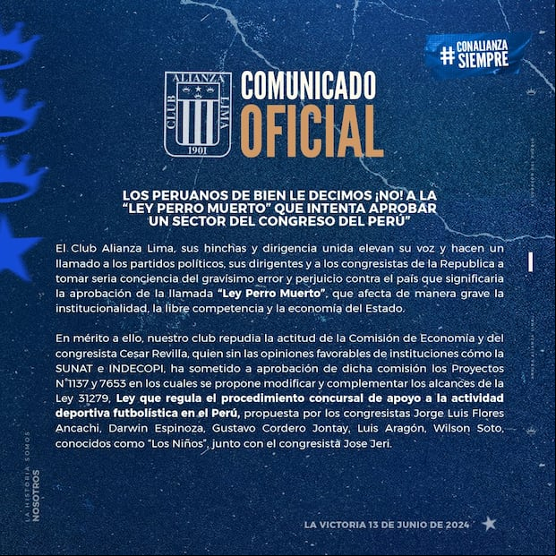 Comunicado de Alianza Lima sobre la 'Ley Perro Muerto'. (Foto: Alianza Lima)