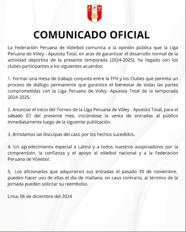 Comunicado de la Federación Peruana de Vóleibol sobre el inicio de la Liga. (Difusión)