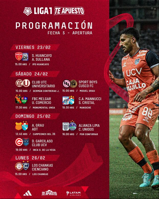 Programación de la fecha 5 del Torneo Apertura 2024. (Foto: Liga 1 Betsson)