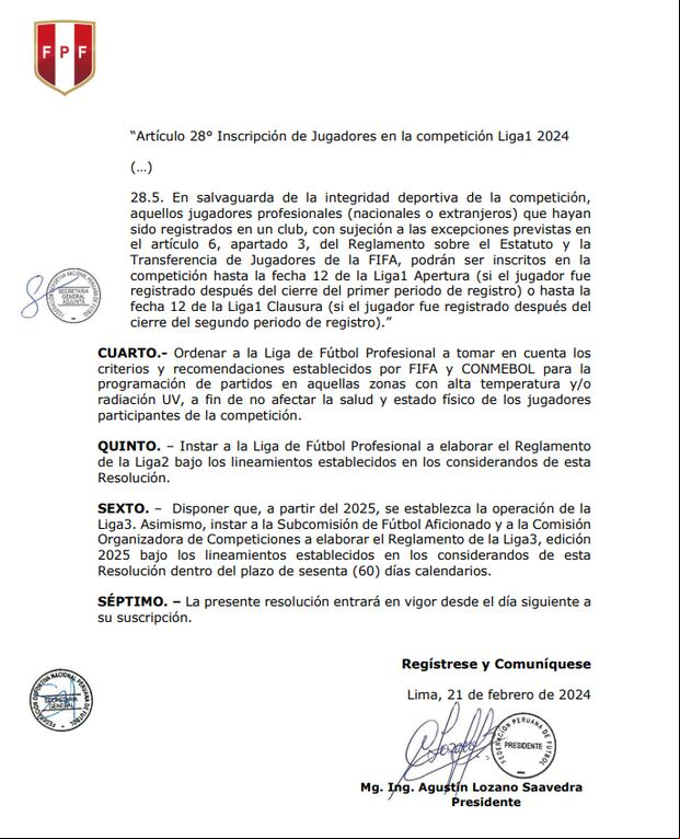 El comunicado de la FPF sobre cambios en la Liga1.