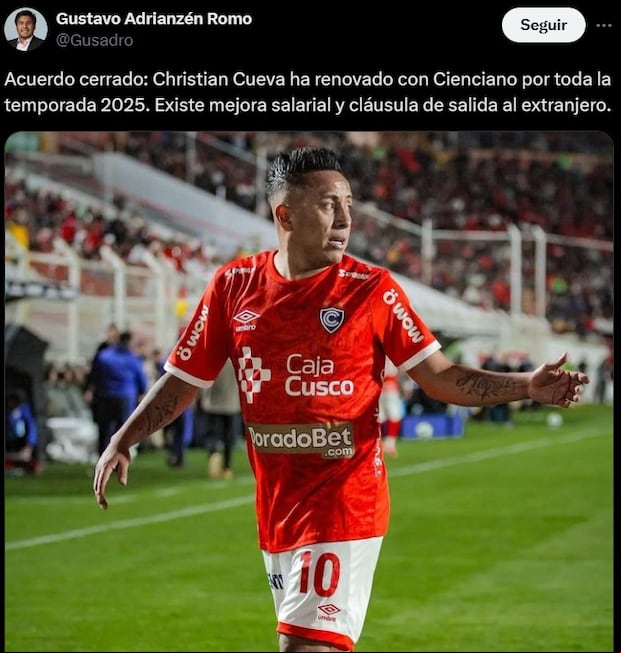 Adelanto de la información de la renovación de Christian Cueva con Cienciano.
