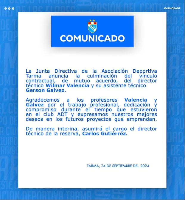 Comunicado de ADT sobre la salida de Wilmar Valencia.(ADT)