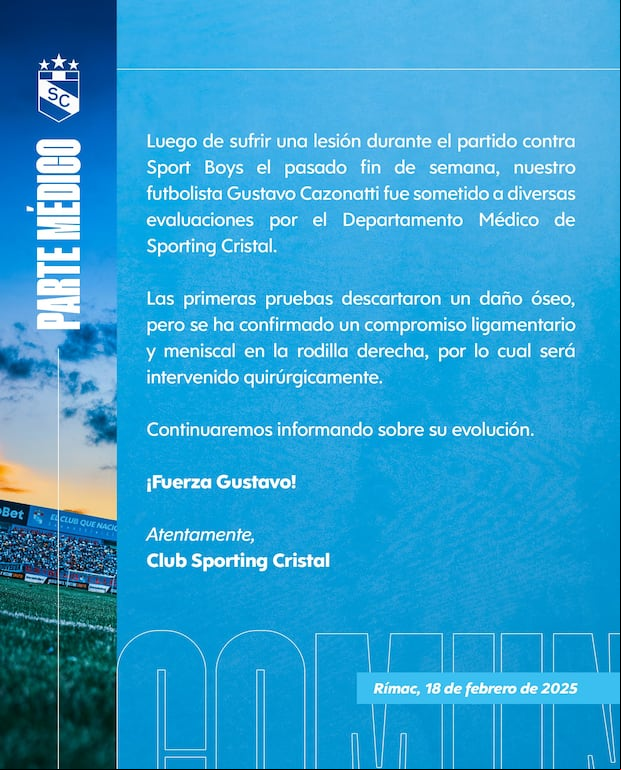 Parte médico de Sporting Cristal sobre el estado de Gustavo Cazonatti (Foto: @ClubSCristal).