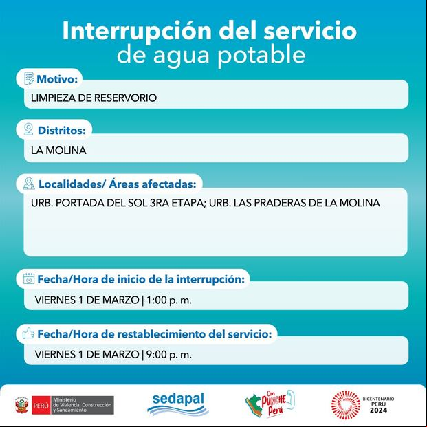 Corte de agua para el 1 de marzo. (Foto: Sedapal)