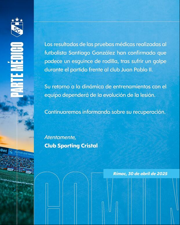 Parte médico de Sporting Cristal en sus redes sociales.