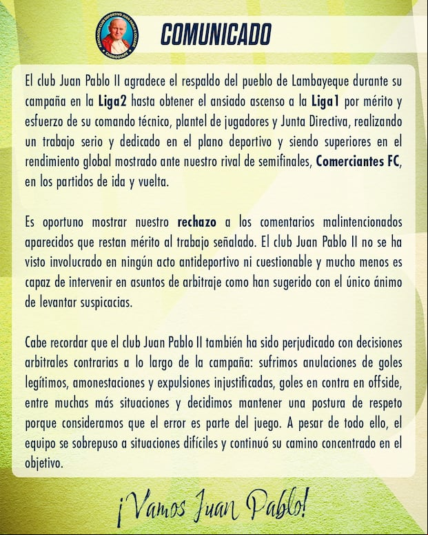 Comunicado de Juan Pablo II tras su ascenso a la Liga 1. (Foto: Juan Pablo II)