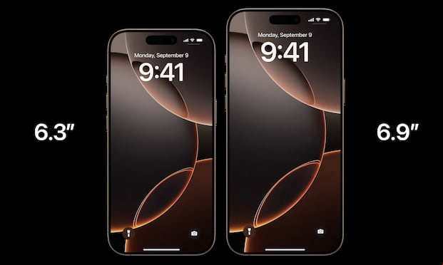 Comparación del tamaño de las pantallas del iPhone 16 Pro y el iPhone 16 Pro Max.