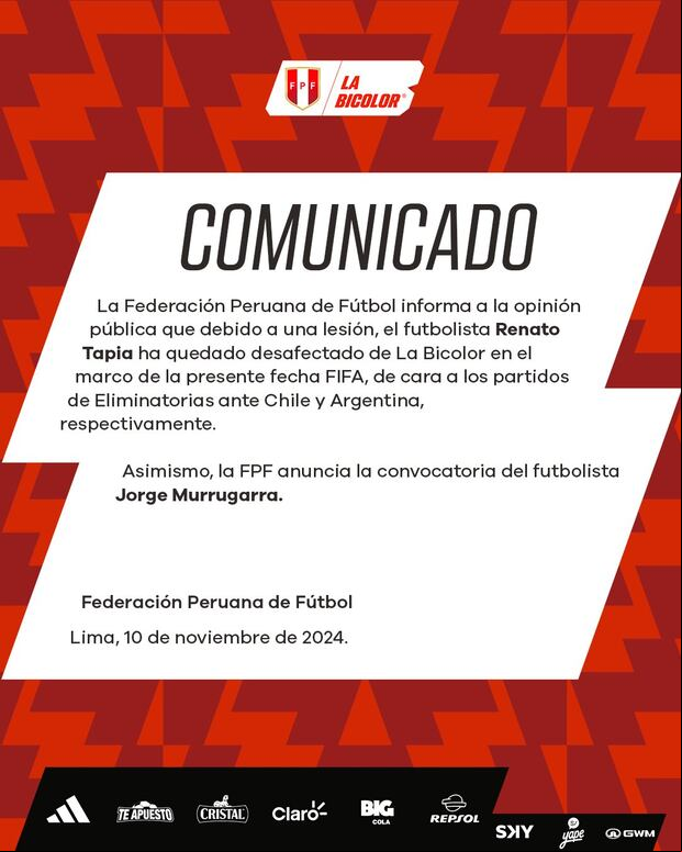 Selección Peruana informó nuevo lesionado para los partidos contra Chile y Argentina por las Eliminatorias 2026. (Foto: Bicolor).