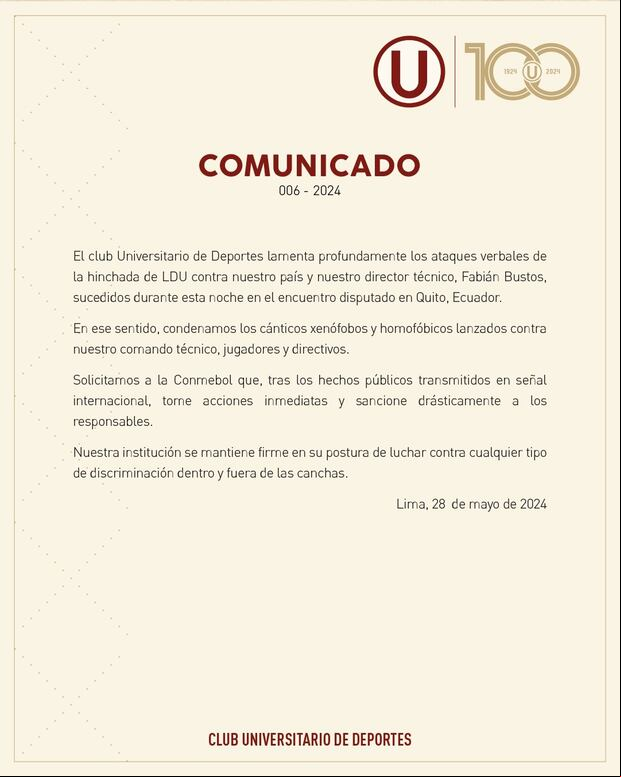 Comunicado de Universitario de Deportes vía redes sociales. (Foto: @Universitario).