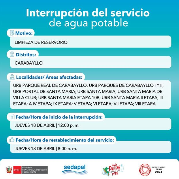Sedapal anunció los distritos y zonas que se verán afectados por el corte del servicio este jueves 18 de abril. (Foto: Sedapal)
