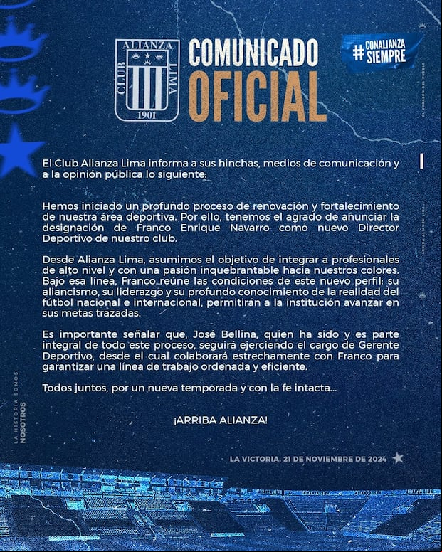 Comunicado de Alianza Lima sobre la contratación de Franco Navarro. (X)