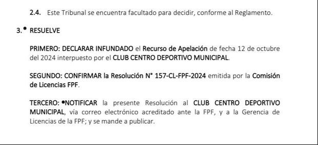 Resolución del Tribunal de Licencias sobre Deportivo Municipal.