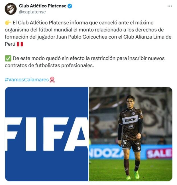 La publicación de Platense sobre el pago de la deuda a Alianza Lima.