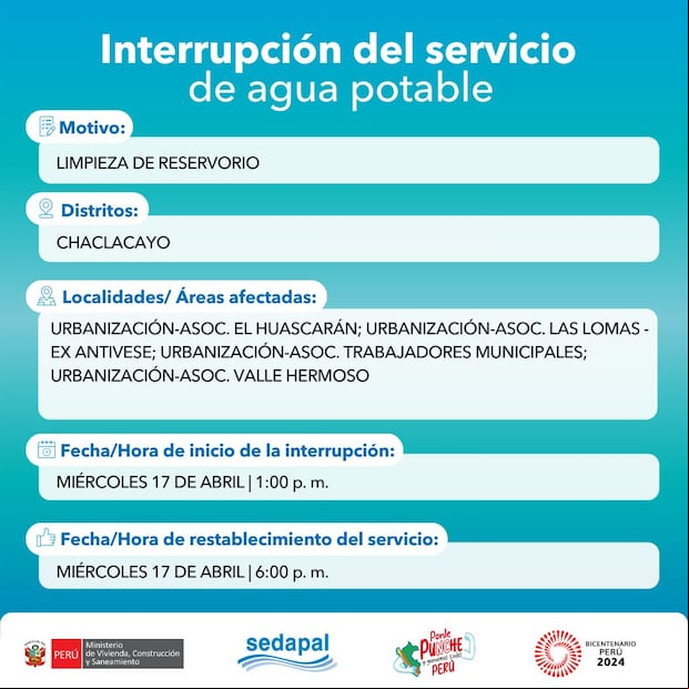 Sedapal anunció los distritos y zonas que se verán afectados por el corte del servicio este miércoles 17 de abril. (Foto: Sedapal)