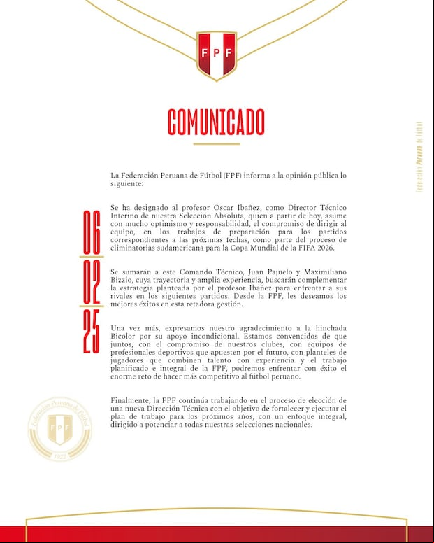 Comunicado oficial de la FPF.