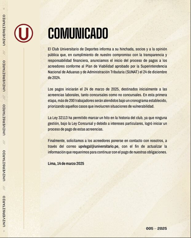 El comunicado de la 'U' sobre el pago a los acreedores en su Plan de Viabilidad. (Imagen: Universitario)