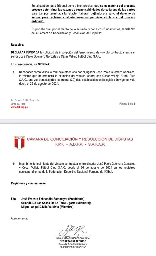 Resolución oficial de la salida de Paolo Guerrero de la César Vallejo. (Foto: Difusión).