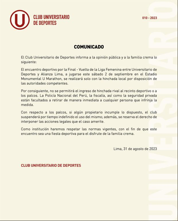 El comunicado de Universitario en redes sociales. (Foto: Universitario)