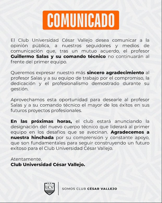 César Vallejo y su comunicado sobre Guillermo Salas (Foto:UCV)