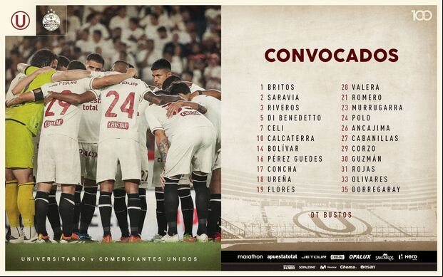 Lista de convocados de Universitario para enfrentar a Comerciantes Unidos. (Foto: Universitario)