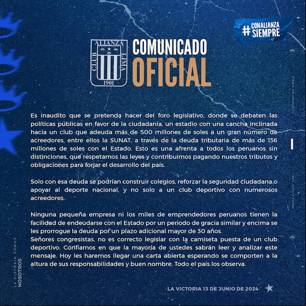 Comunicado de Alianza Lima sobre la 'Ley Perro Muerto'. (Foto: Alianza Lima)
