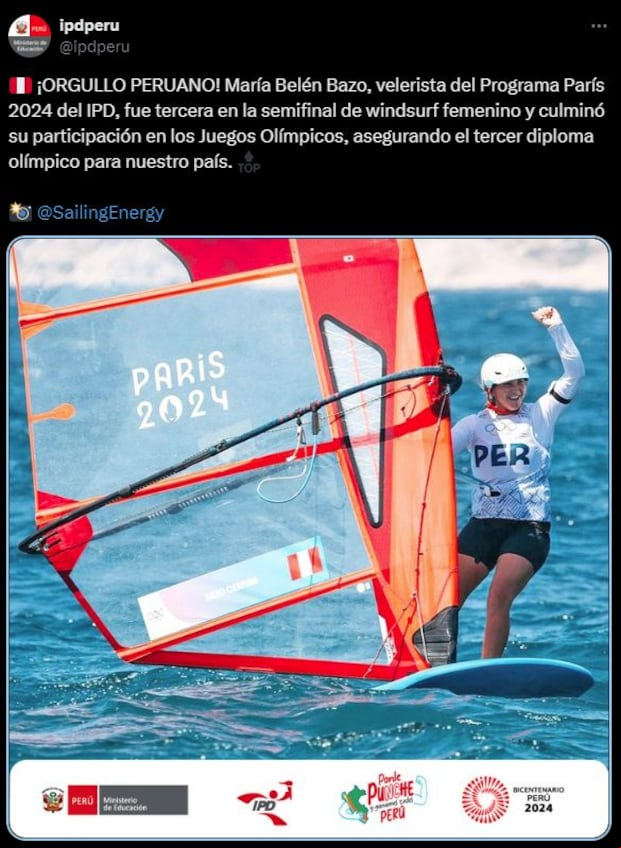 María Belén Bazo fue tercera en semifinal de windsurf femenino y aseguró diploma. (Foto: IPD)