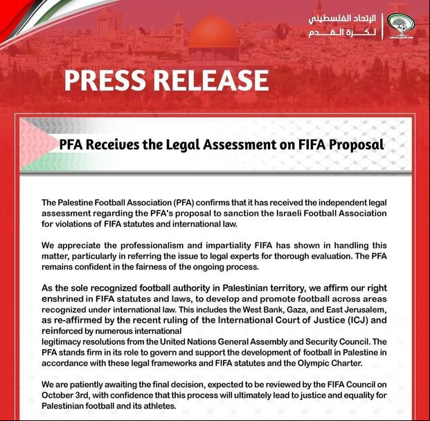 Asociación de Fútbol de Palestina (PFA) se pronuncia sobre acusación contra Israel y respuesta de FIFA. (Foto: Difusión)