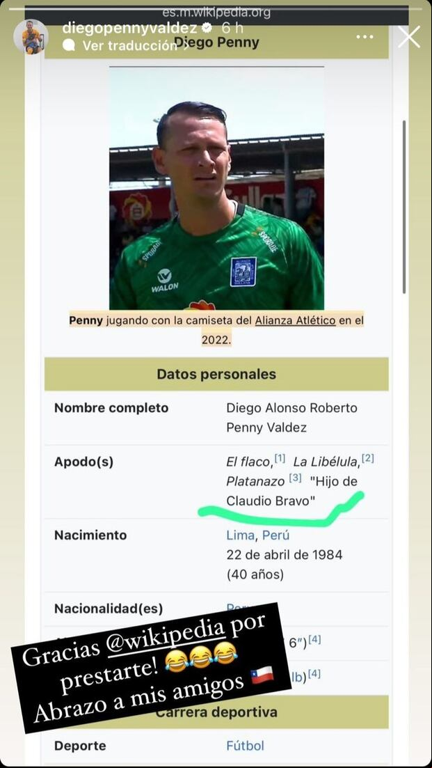 Wikipedia le puso un nuevo apodo a Diego Penny tras comentarios sobre Claudio Bravo. (Foto: Captura de Instagram).