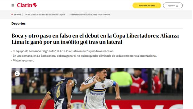 Clarín y su análisis de la caída de Boca Juniors en Matute. (Imagen: Clarín)