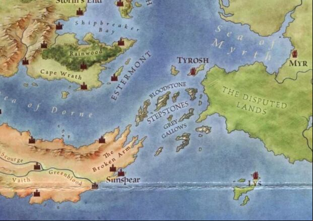 Mapa de Lys, Myr y Tyrosh, los países que conforman la Triarquía y su cercanía a Dorne (Foto: Bantam Books)