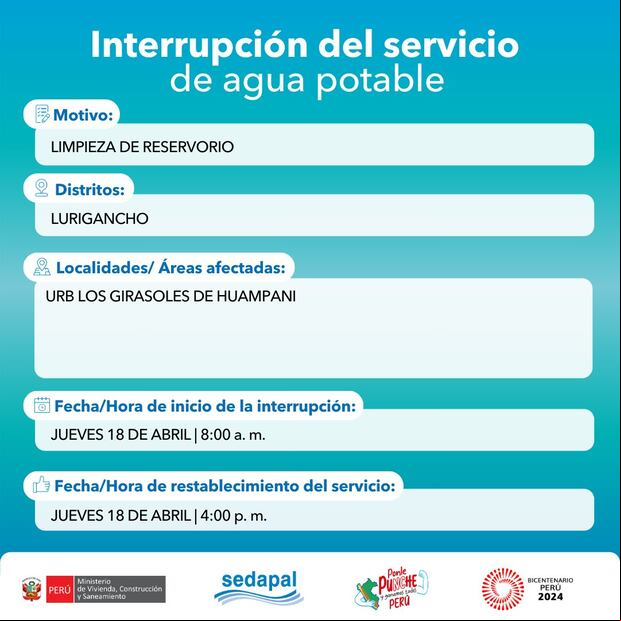 Sedapal anunció los distritos y zonas que se verán afectados por el corte del servicio este jueves 18 de abril. (Foto: Sedapal)