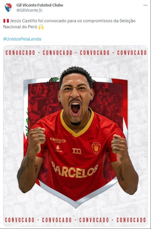 Jesús Castillo fue llamado a la Selección Peruana, anunció el club Gil Vicente. (Foto: Twitter)