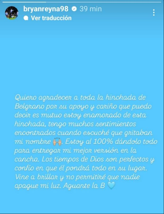 Respuesta de Bryan Reyna a lo dicho por su técnico de Belgrano. (Imagen: Captura de Instagram)