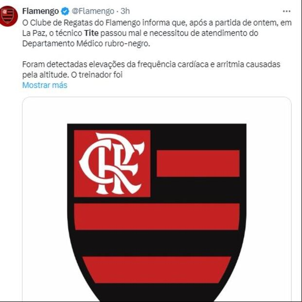 El comunicado de Flamengo sobre la salud de Tite.