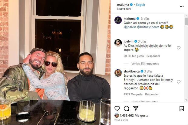 El intérprete de "Felices los cuatro" subió la imagen que se tomó con J Balvin al lado de Britney Spears, debido a que él parece ser ignorado, coloca un post a modo de broma (Foto: Maluma / Instagram)