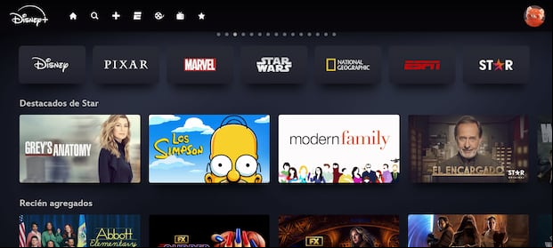 Nuevo menú de Disney+ con Star y ESPN.