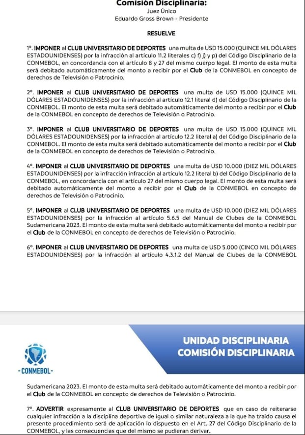 Comisión Disciplinaria de la Conmebol sancionó a Universitario. (Foto: Conmebol)