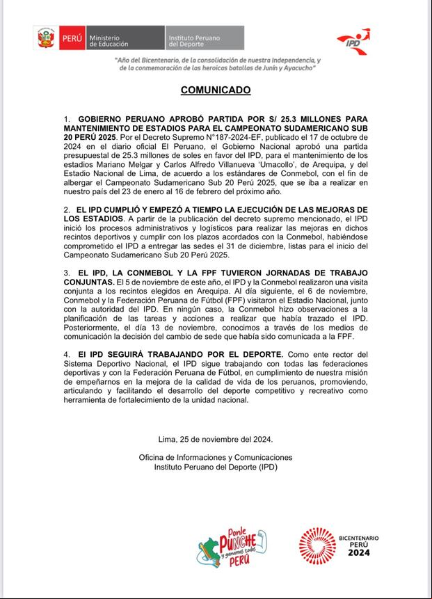 Comunicado del IPD tras perder el Sudamericano Sub 20. (IPD)