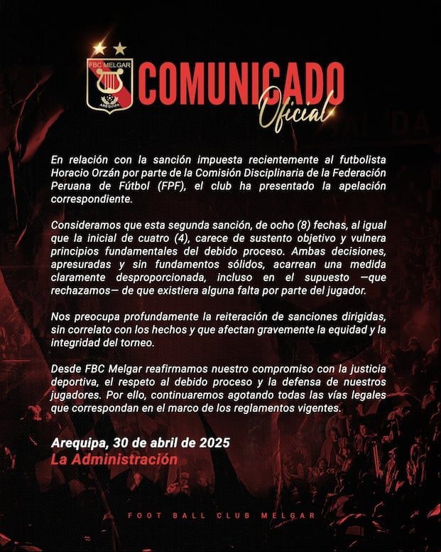 Melgar rechazó la sanción contra Horacio Orzán. (Foto: @MelgarOficial)